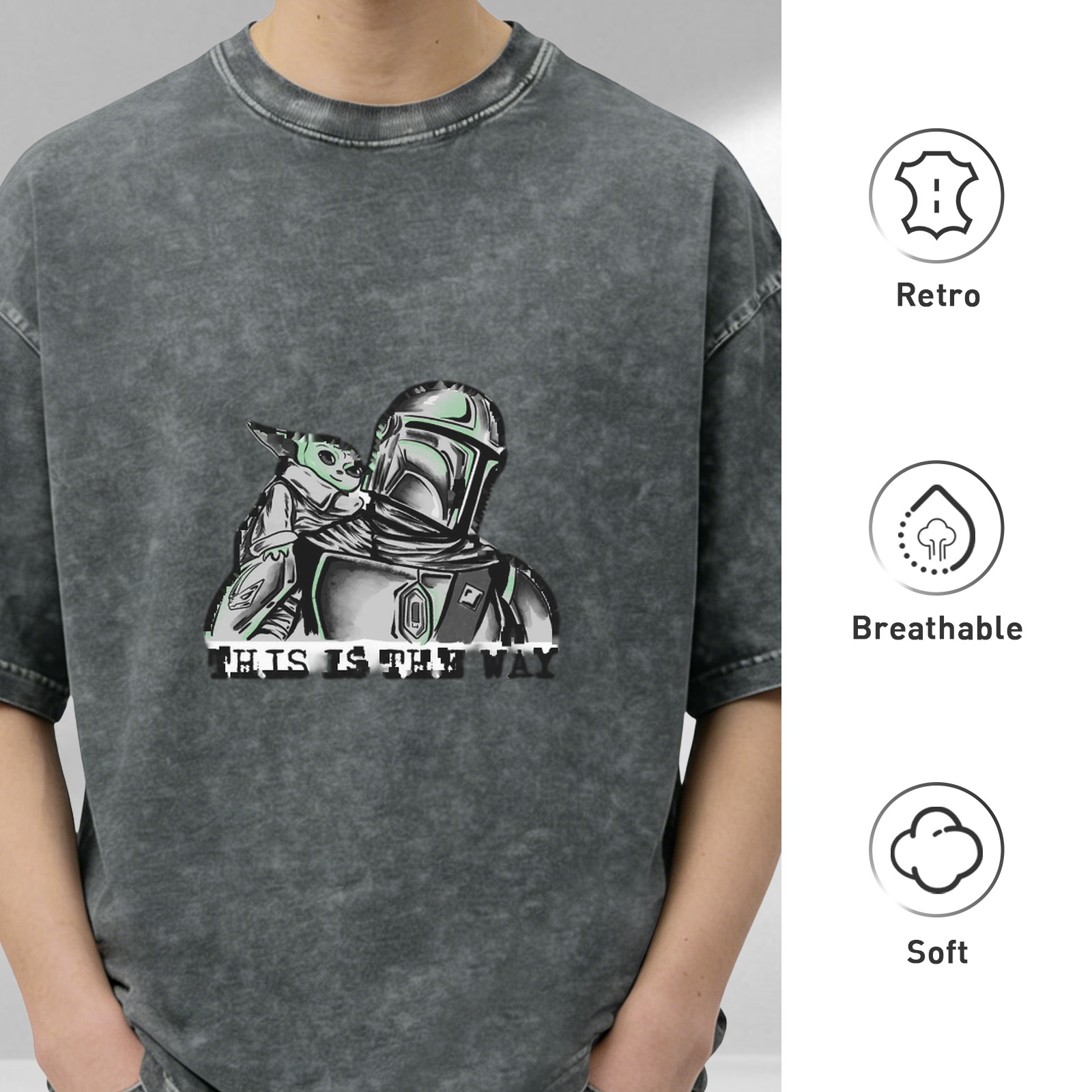 Washed Cotton T-Shirt with Mandalorian and Child Graphic