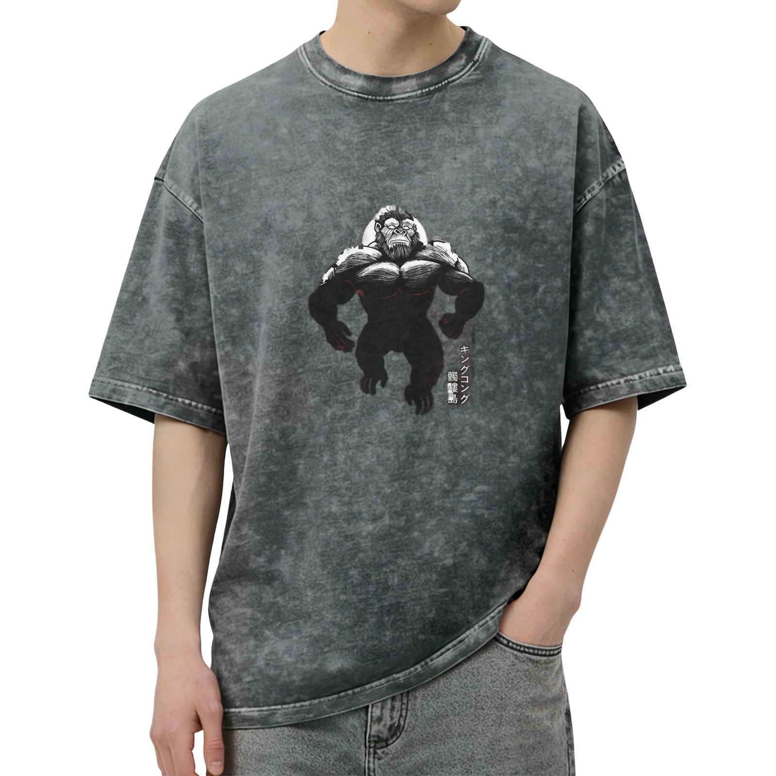 Oversized Stonewashed T-Shirt With Gorilla Japanese Graphic Print