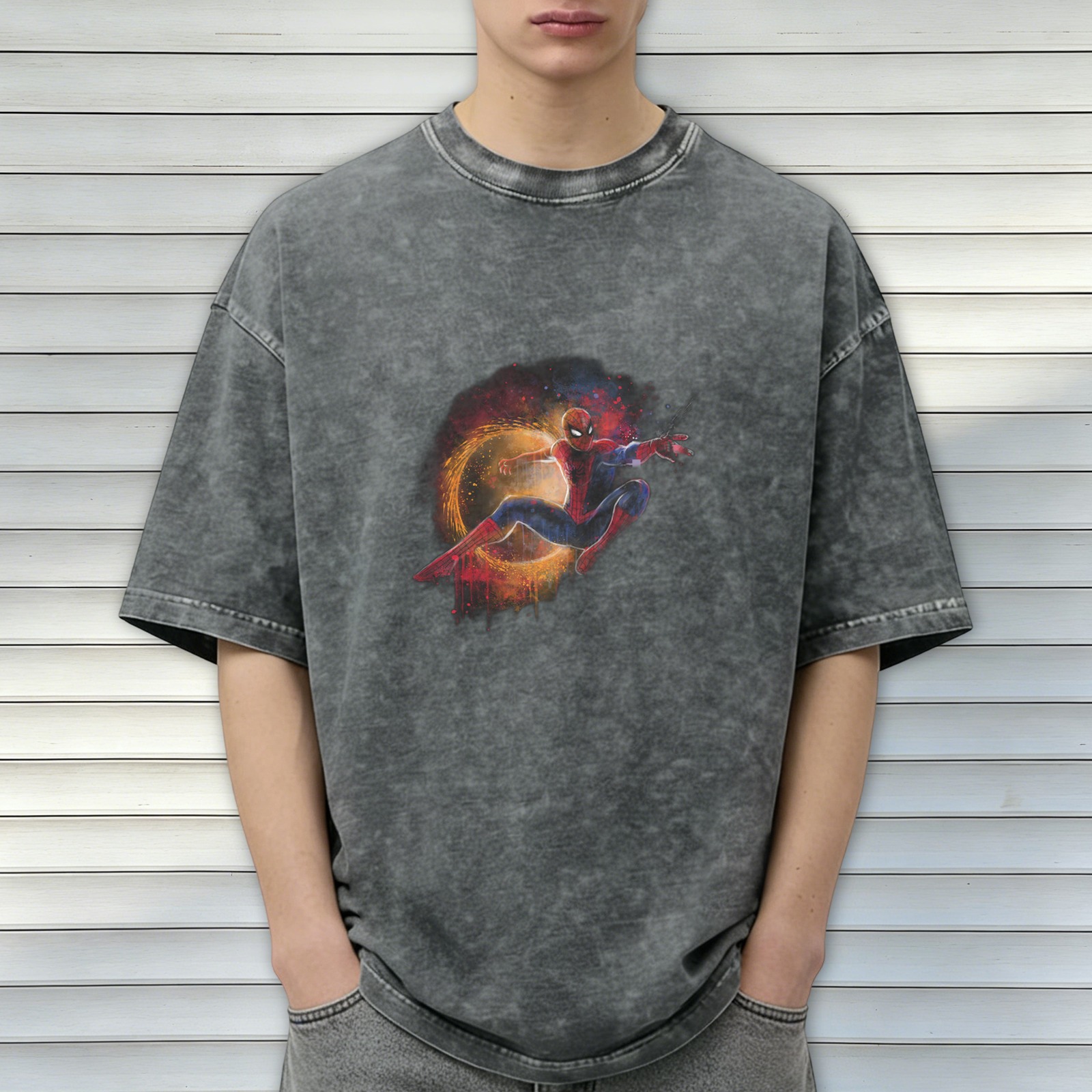 Oversized Acid Wash T-Shirt with Spider-Man Graphic Print