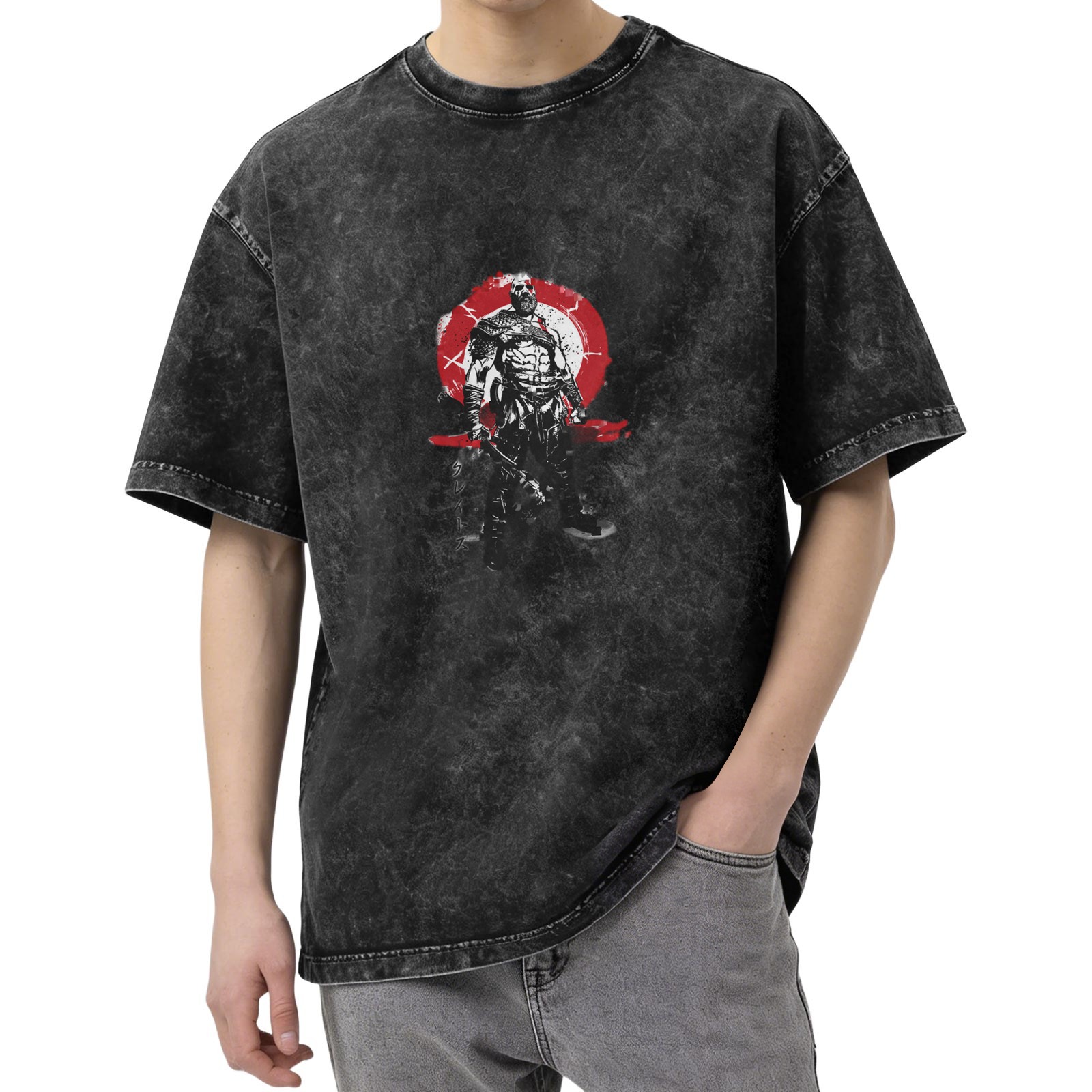 Washed Black Graphic T-Shirt with Warrior Figure Print