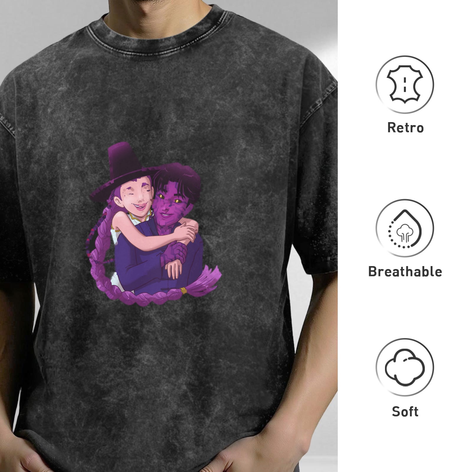 Oversized dark washed graphic tee with anime couple embrace print