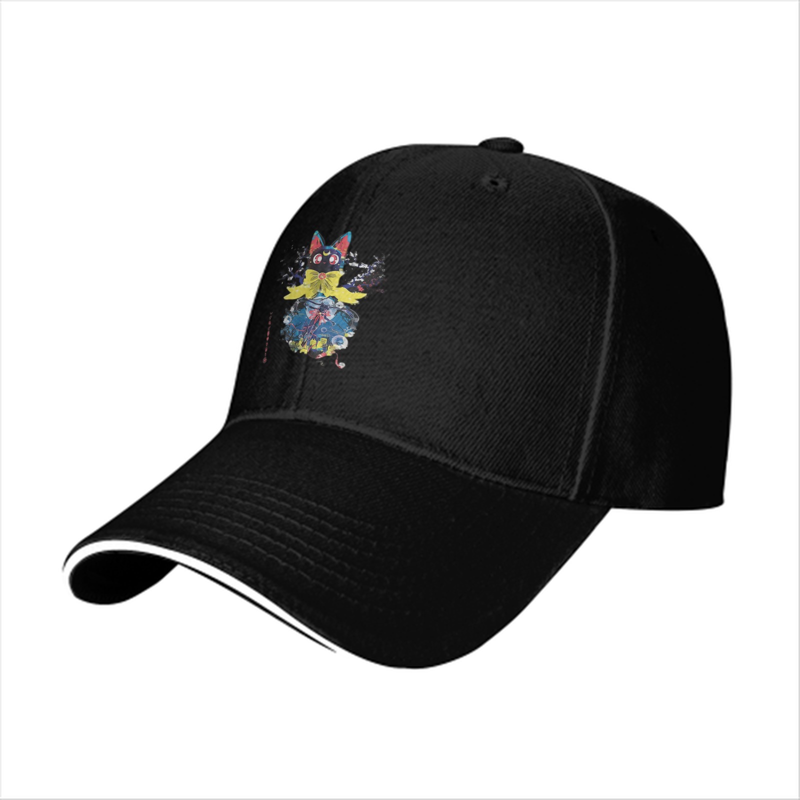Black Baseball Cap With Anime Black Cat Graphic Print