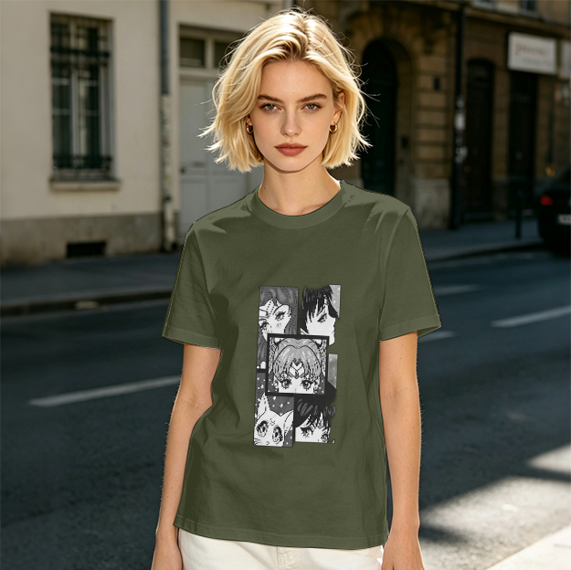 Olive Anime Character Panel Print Short Sleeve T-Shirt