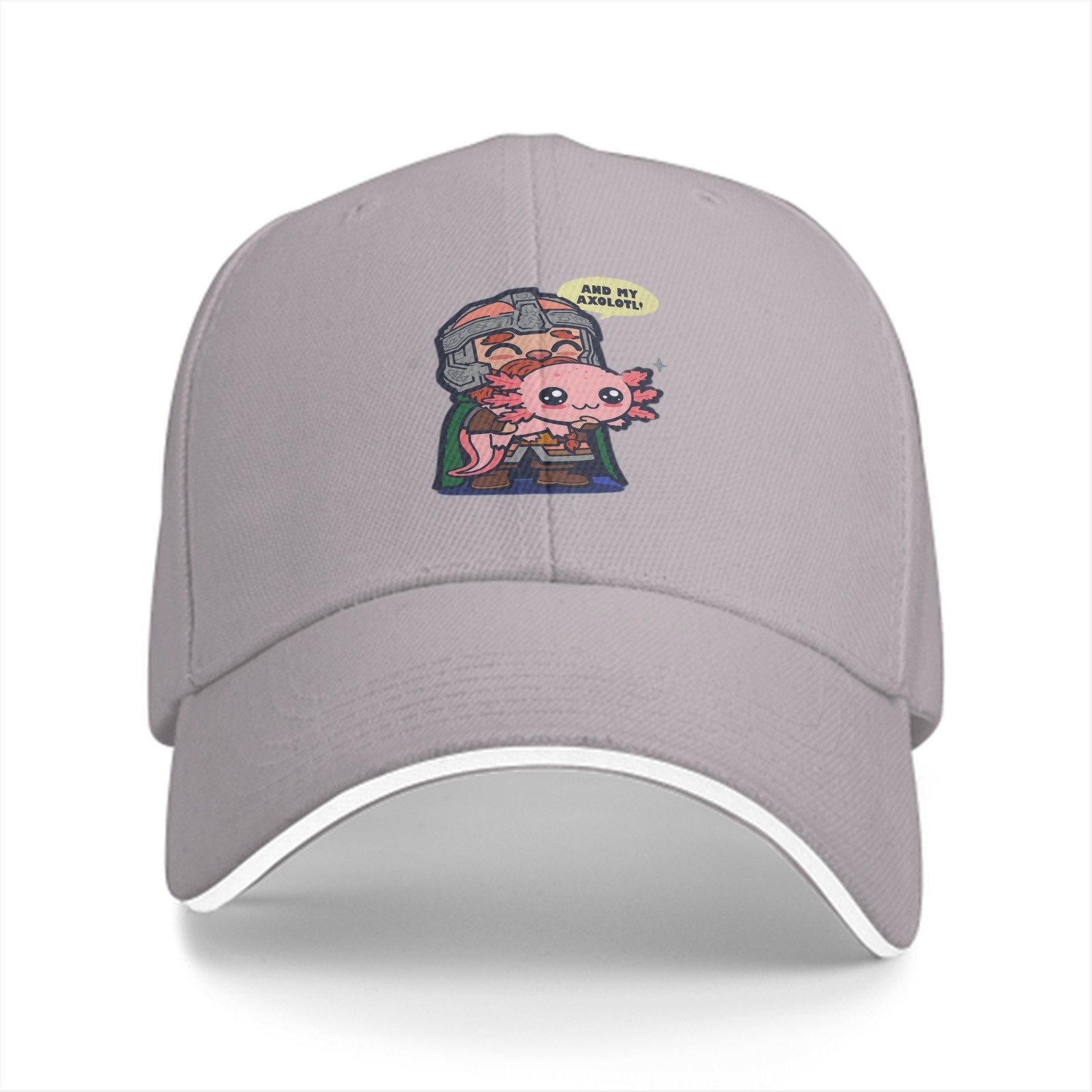 Black baseball cap with dwarf holding axolotl graphic