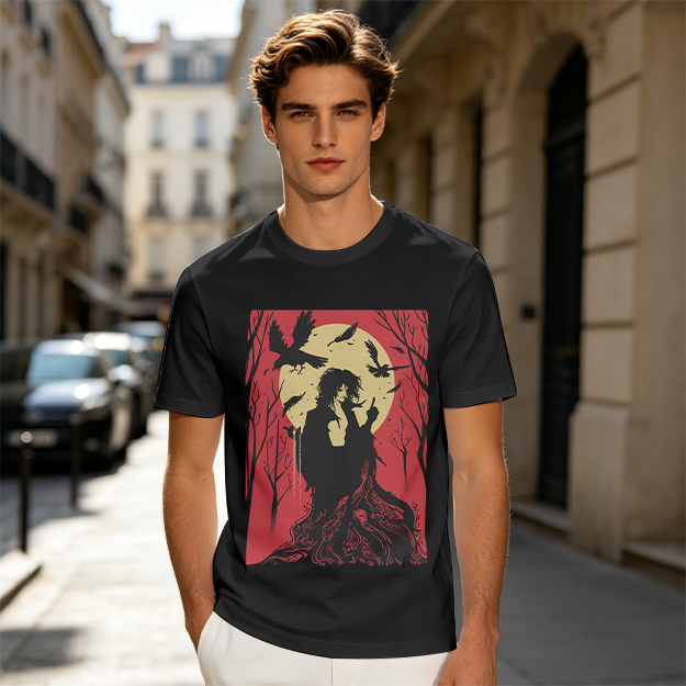 Olive T-Shirt With Gothic Crow And Moon Graphic Print