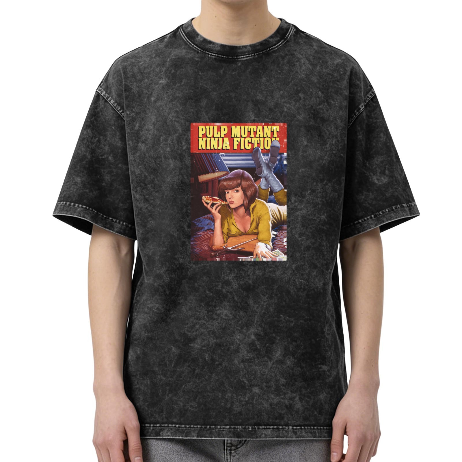 Washed Black T-Shirt with Pulp Mutant Ninja Fiction Graphic