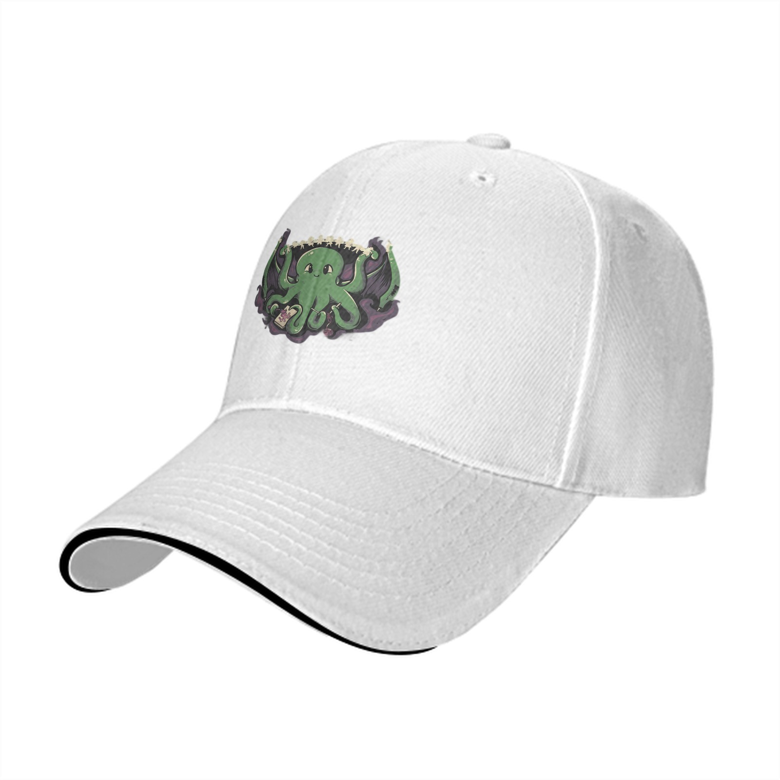 Black baseball cap with cute green octopus graphic design