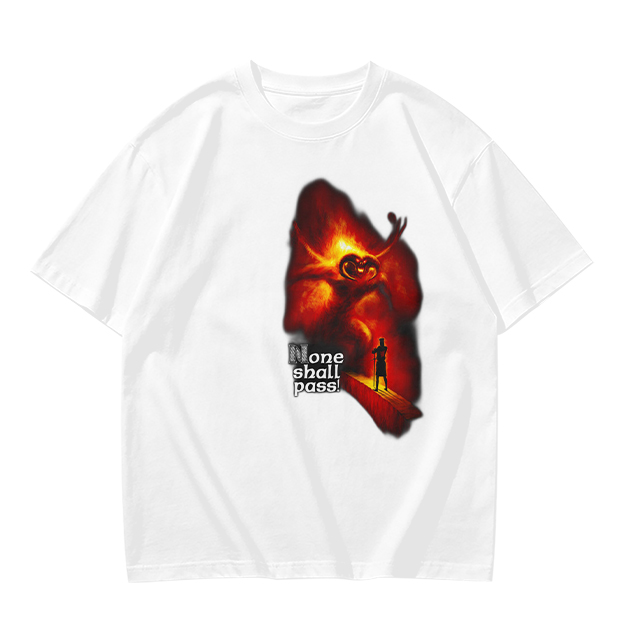 Olive T-Shirt with 'None Shall Pass' Fire Demon Graphic