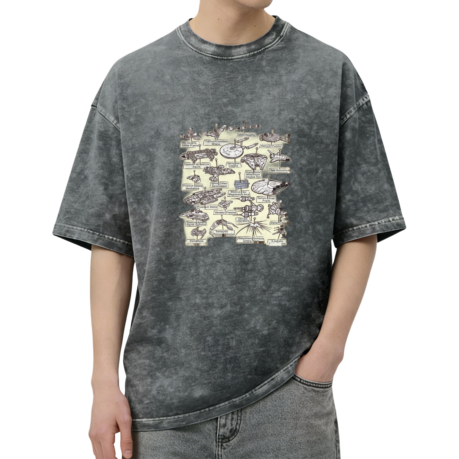 Retro washed black sci-fi spaceship print short-sleeved T-shirt