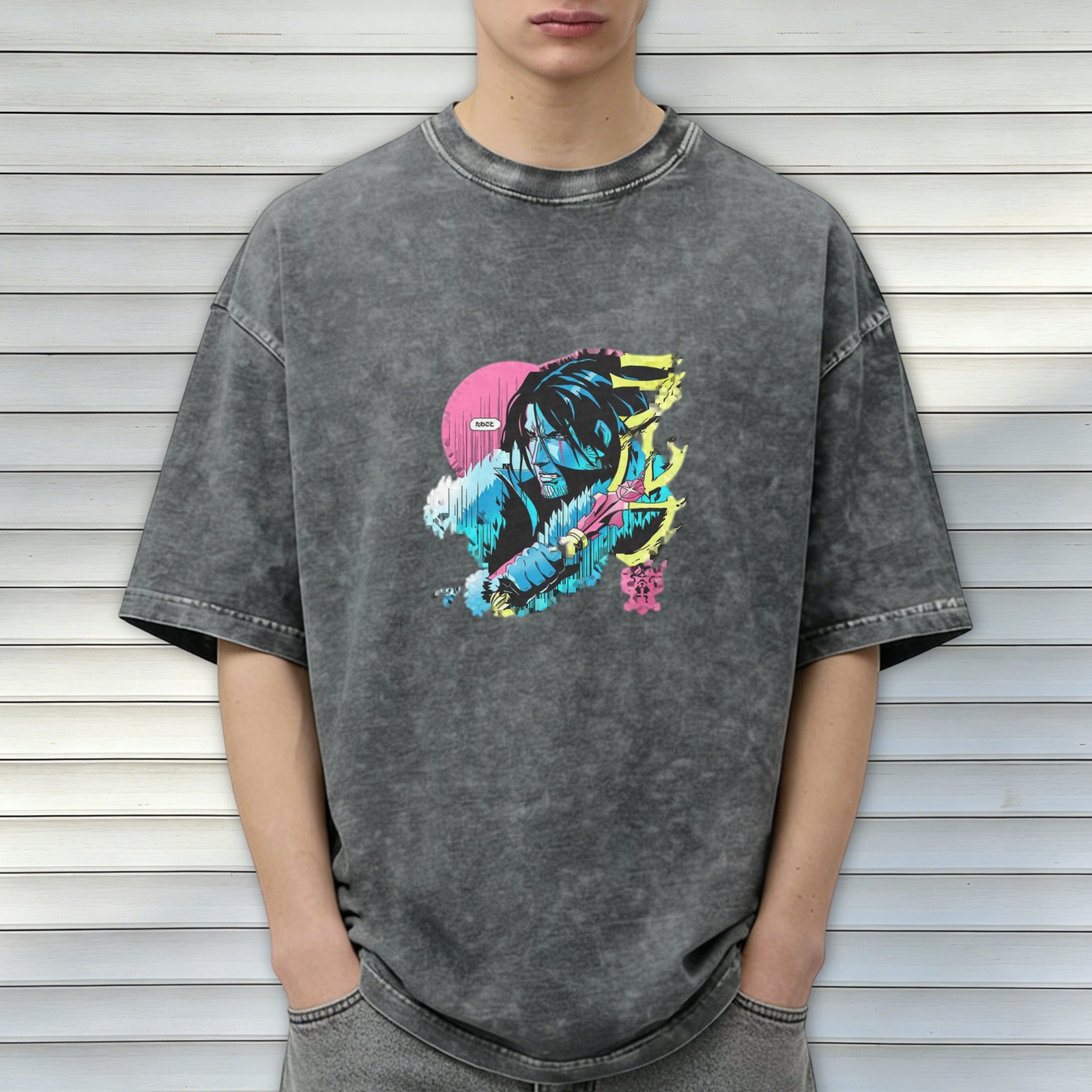 Distressed washed black loose short-sleeved T-shirt anime style character print design