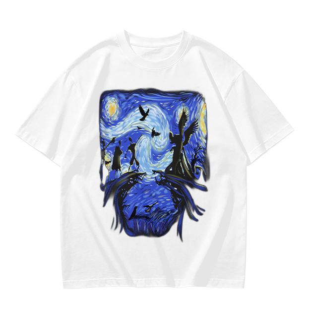 Olive T-Shirt with Starry Night Style Fantasy Art Print