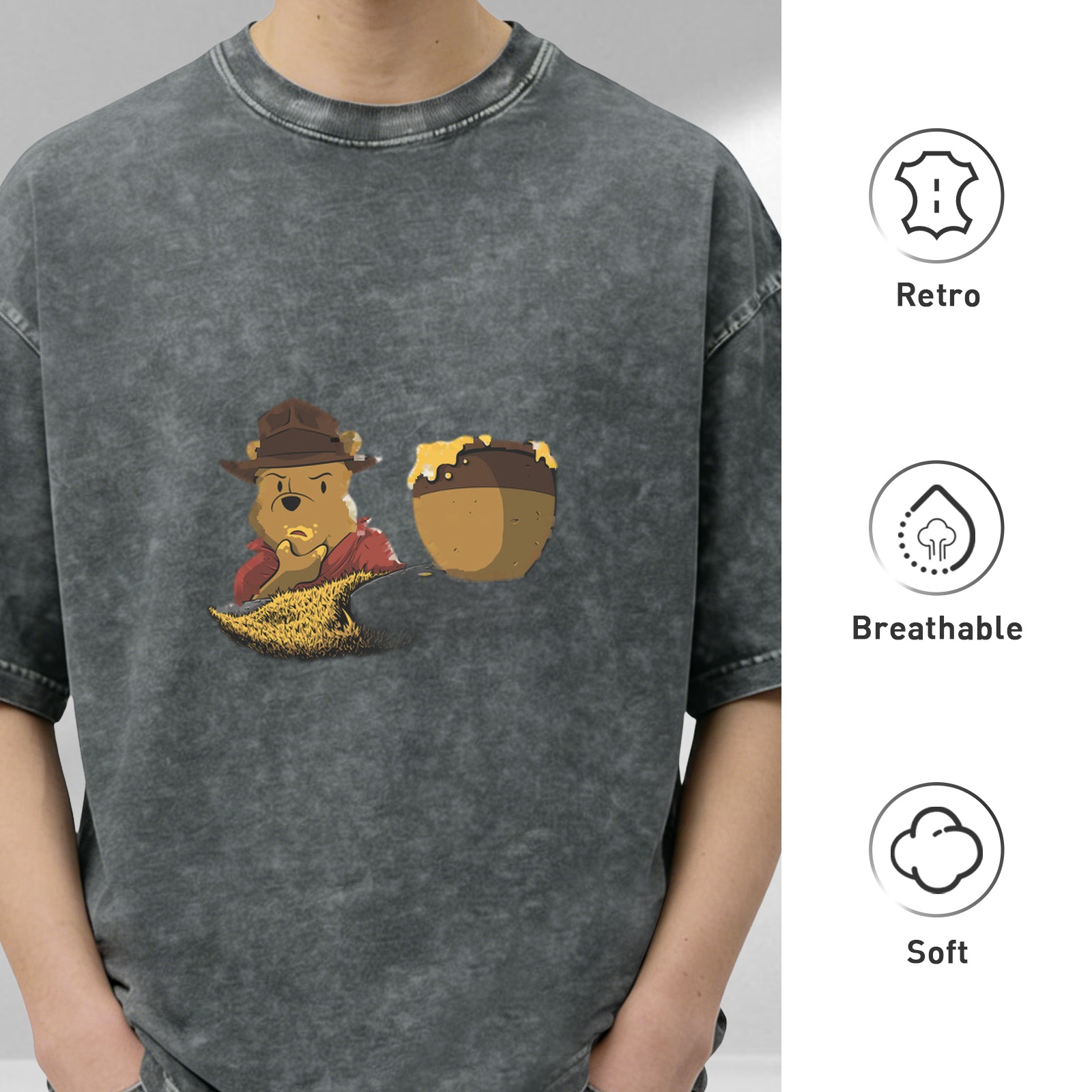 Winnie the Pooh Honey Pot Graphic Acid Wash Black T-Shirt