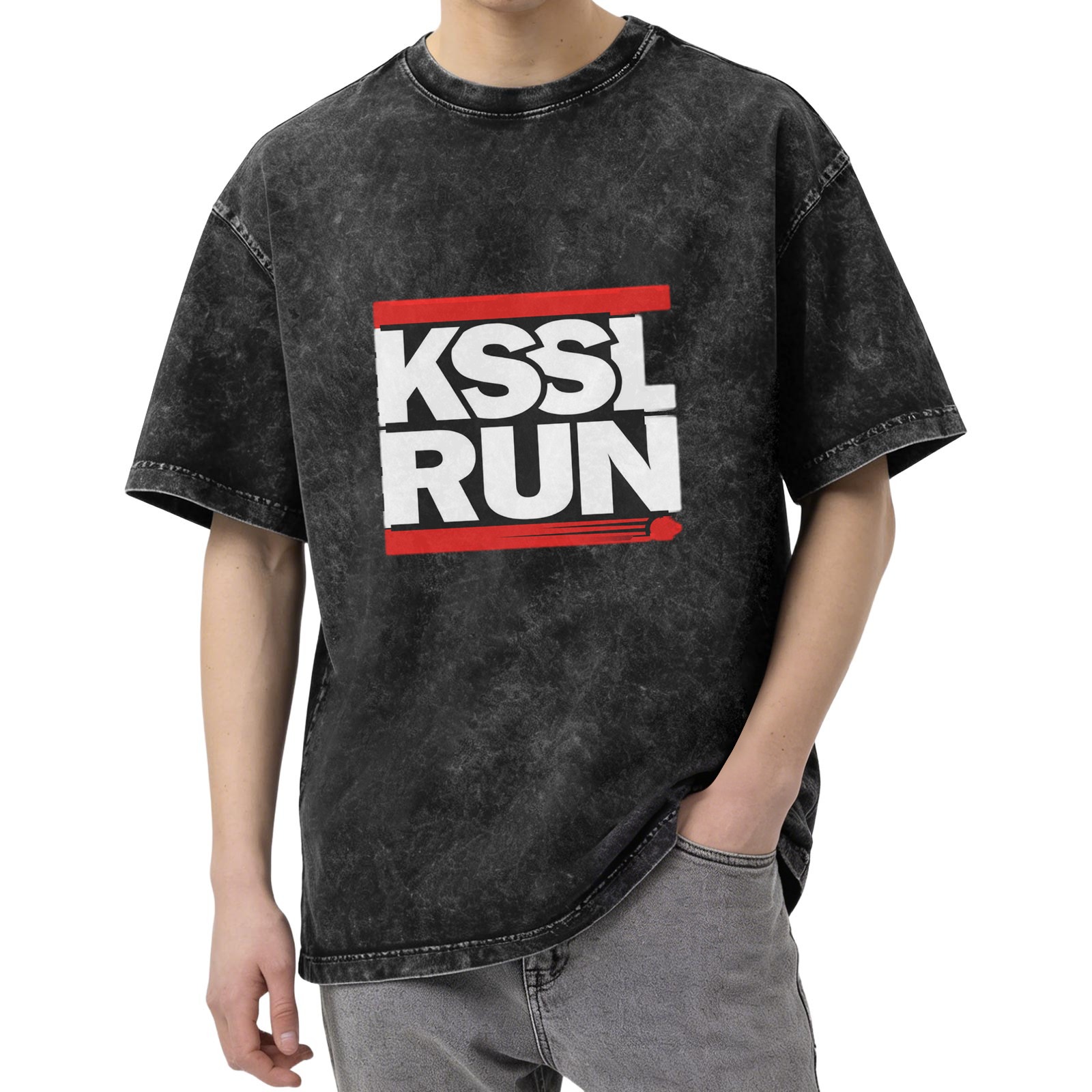Oversized acid wash t-shirt with KSSL RUN graphic print