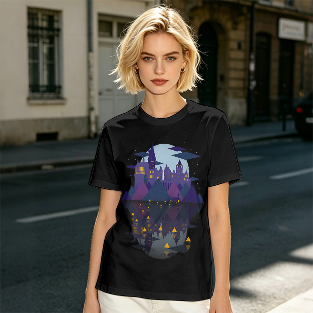 Olive T-Shirt With Night Castle Lake Reflection Graphic