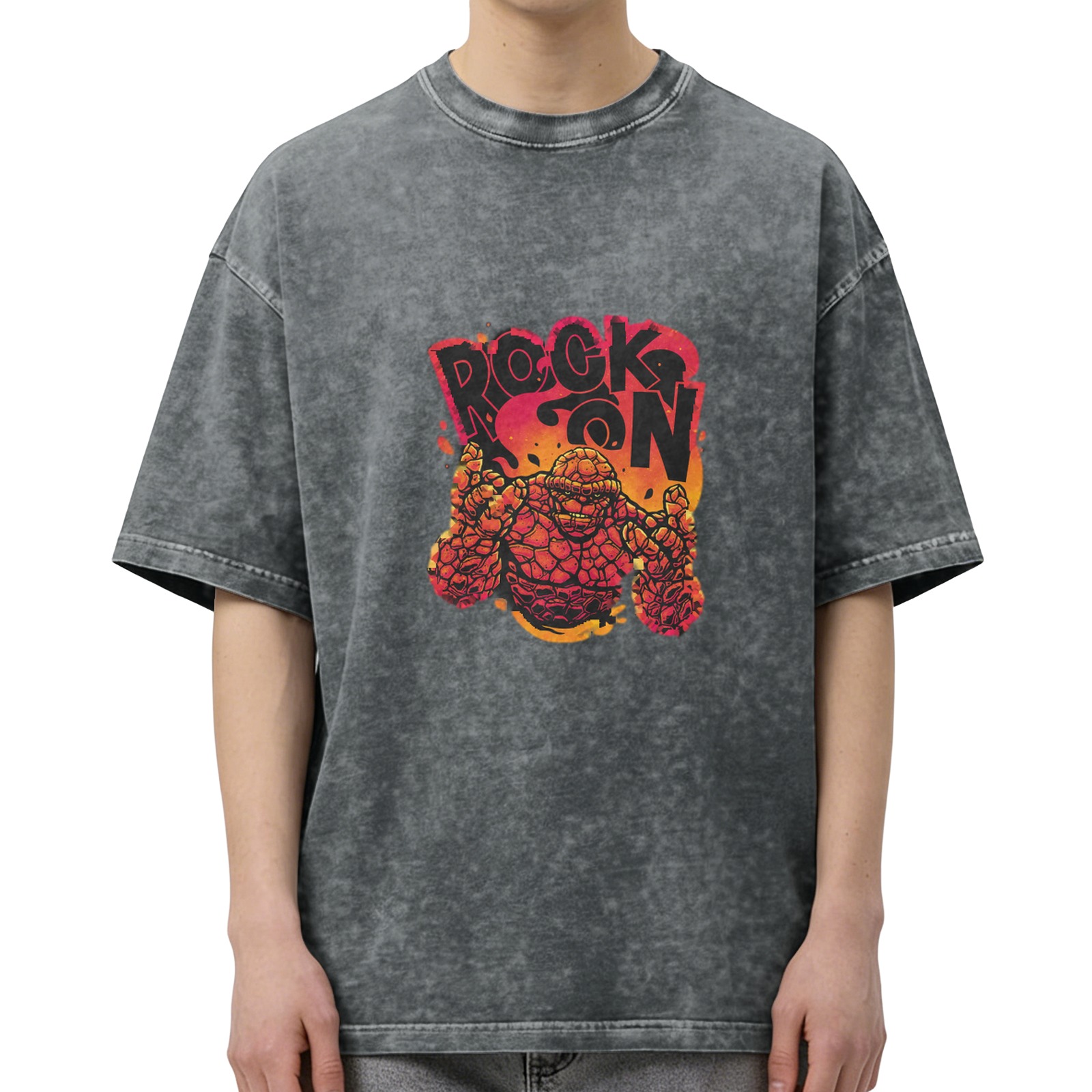 Oversized Acid Wash T-Shirt with Rock On Superhero Graphic