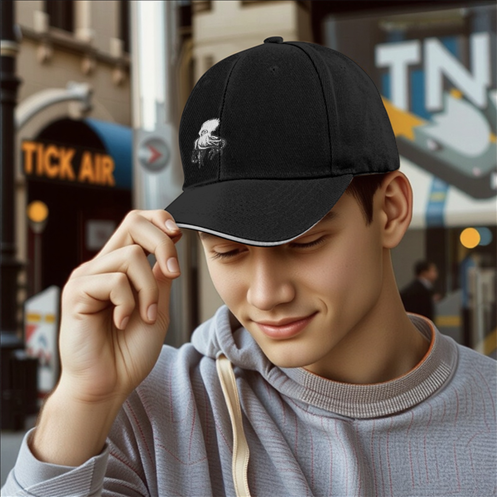 Black baseball cap with white octopus graphic design