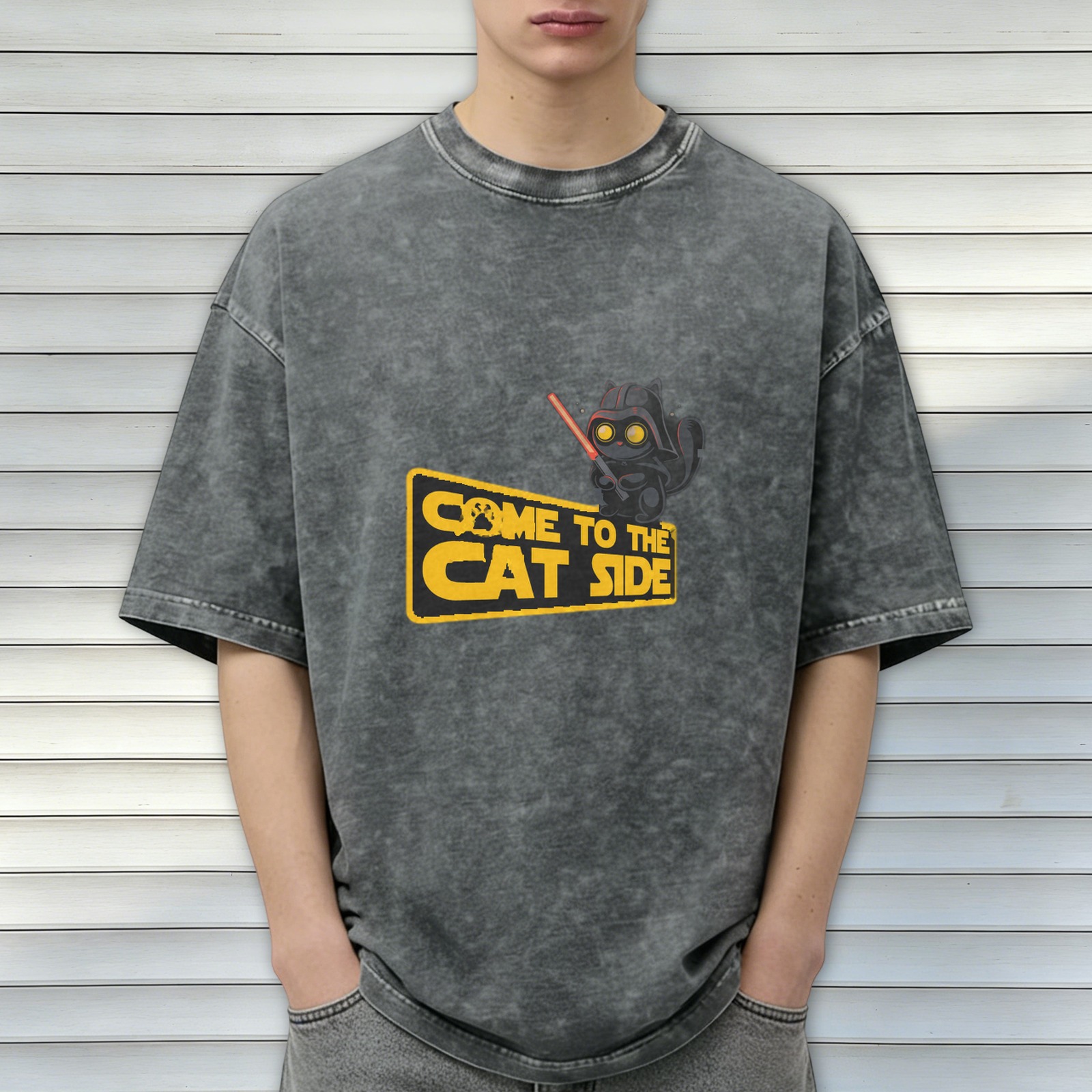 Come to the Cat Side Star Wars Parody Acid Wash Graphic T-Shirt