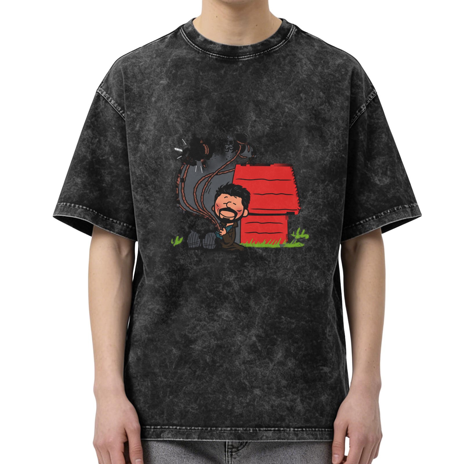 Washed Black T-Shirt With Parody Cartoon Doghouse Graphic