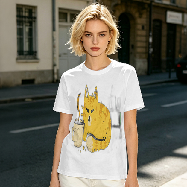 Olive T-Shirt With Grumpy Cat Holding Hot Coffee Print