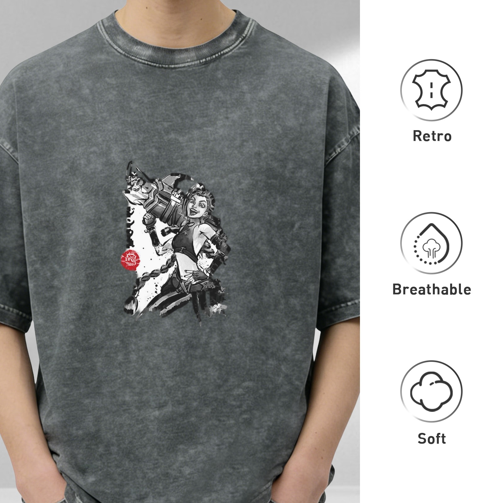 Oversized Dark Wash T-Shirt with Anime Character Graphic Print