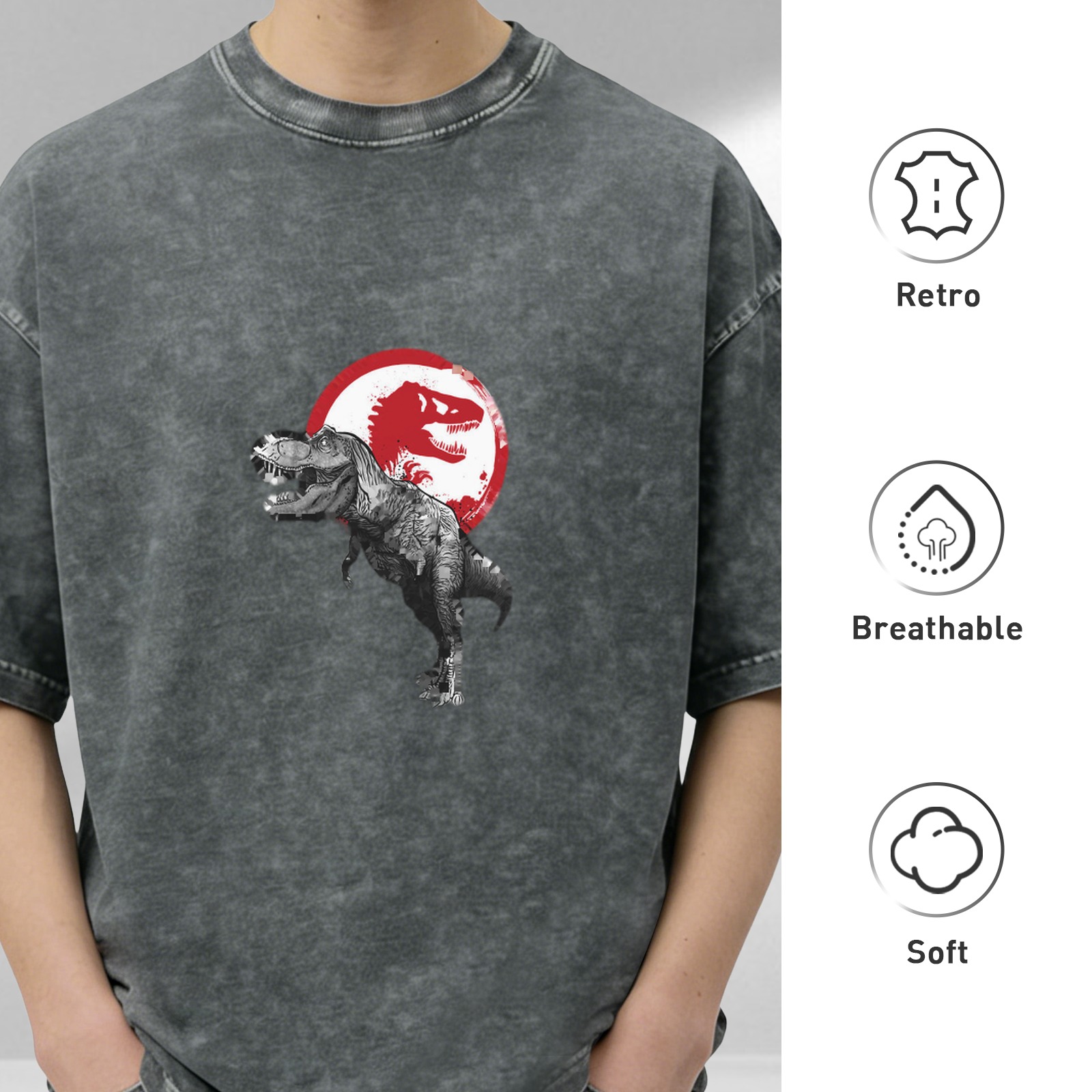Washed Black Oversized T-Shirt with T-Rex Dinosaur Graphic
