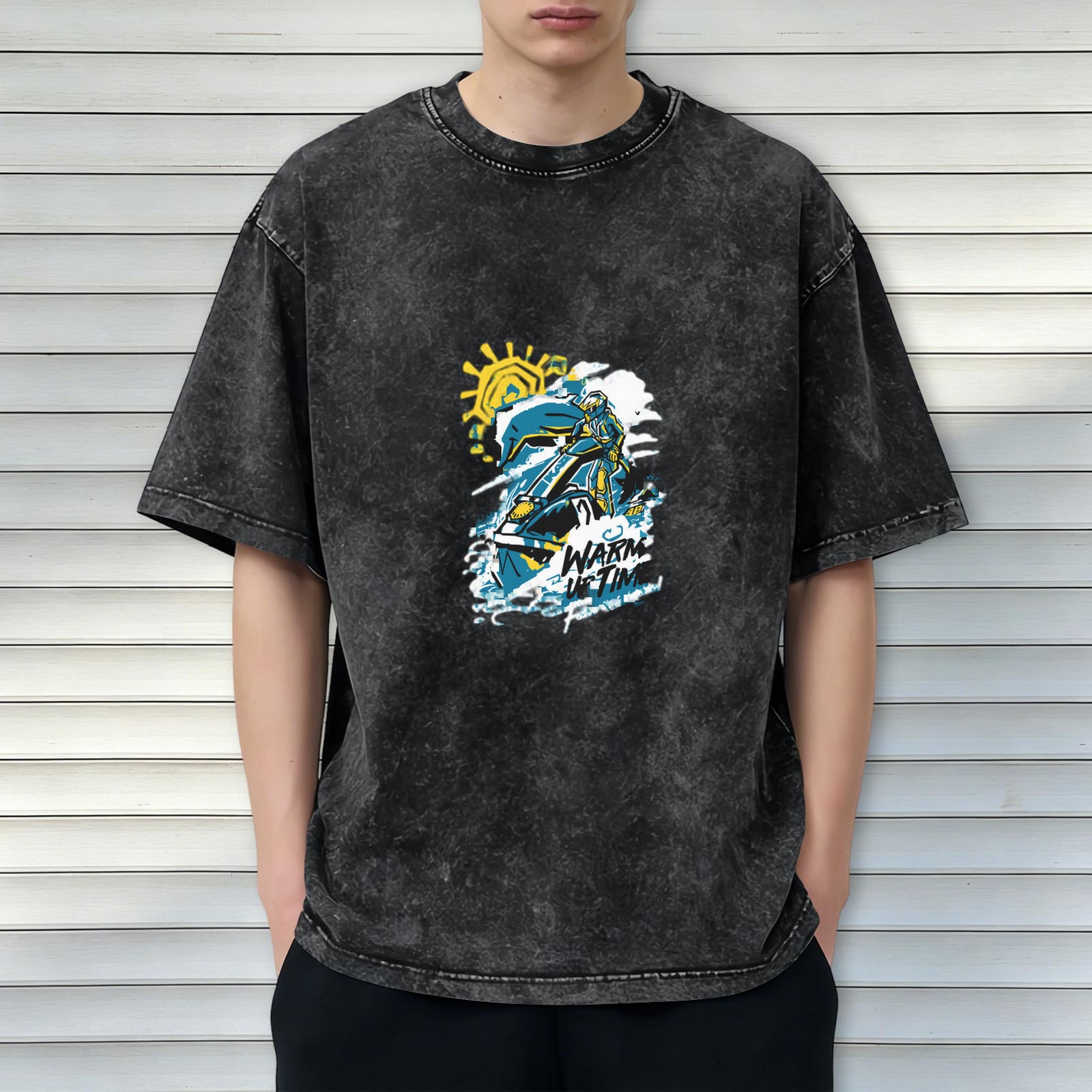 Oversized Acid Wash Graphic T-Shirt With Rider And Sun Print