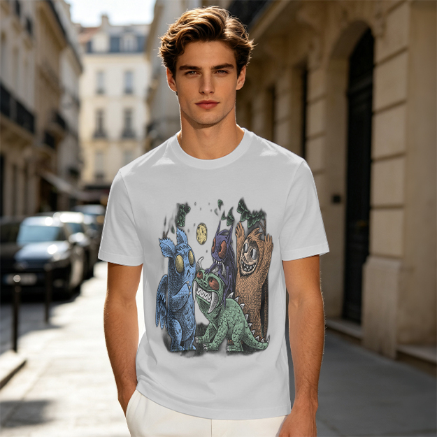 Olive Green T-Shirt With Whimsical Monster Crew Graphic Print