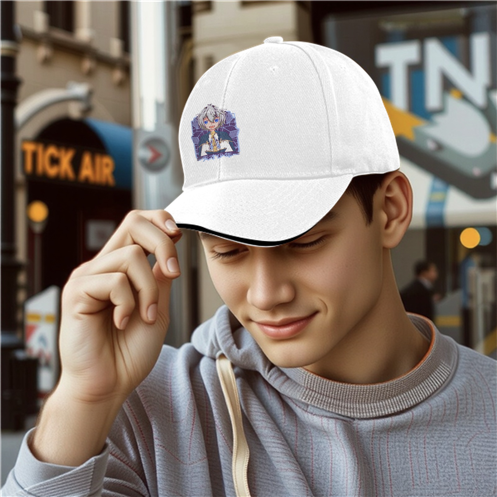 Black Anime Graphic Baseball Cap With Smiling Silver-Haired Character