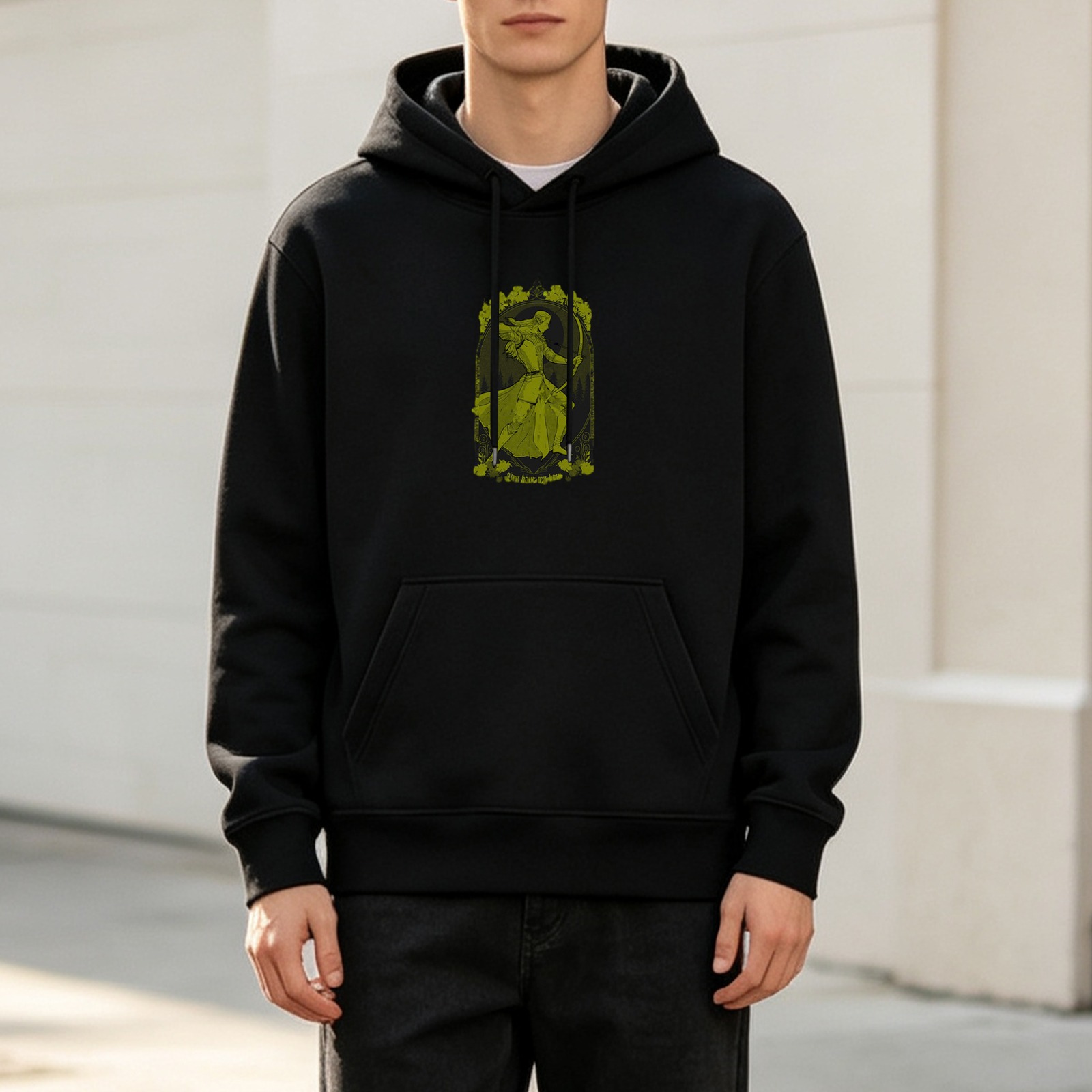 Black hoodie with archer maiden graphic print