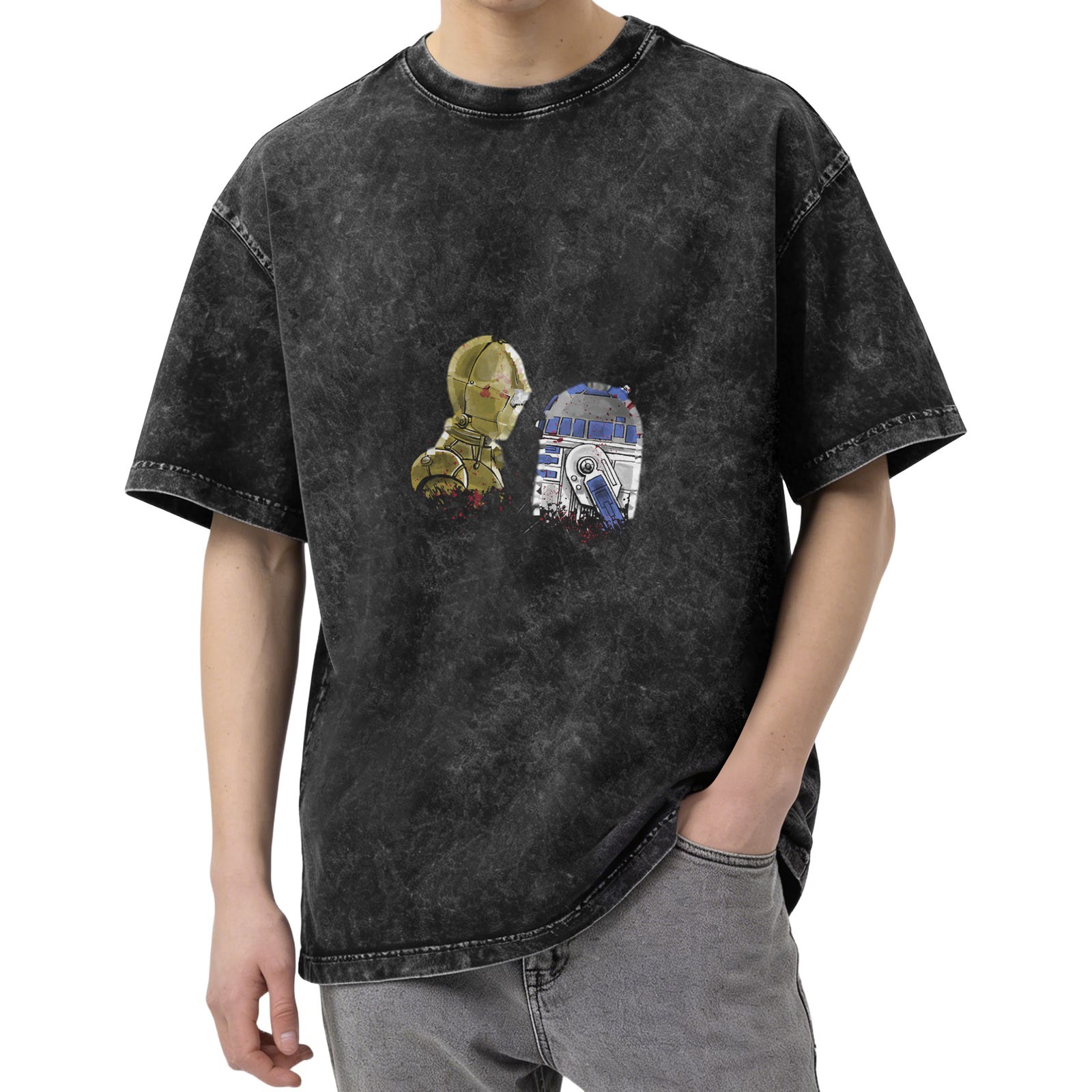Distressed black short-sleeved T-shirt Star Wars C-3PO and R2-D2 printed loose top