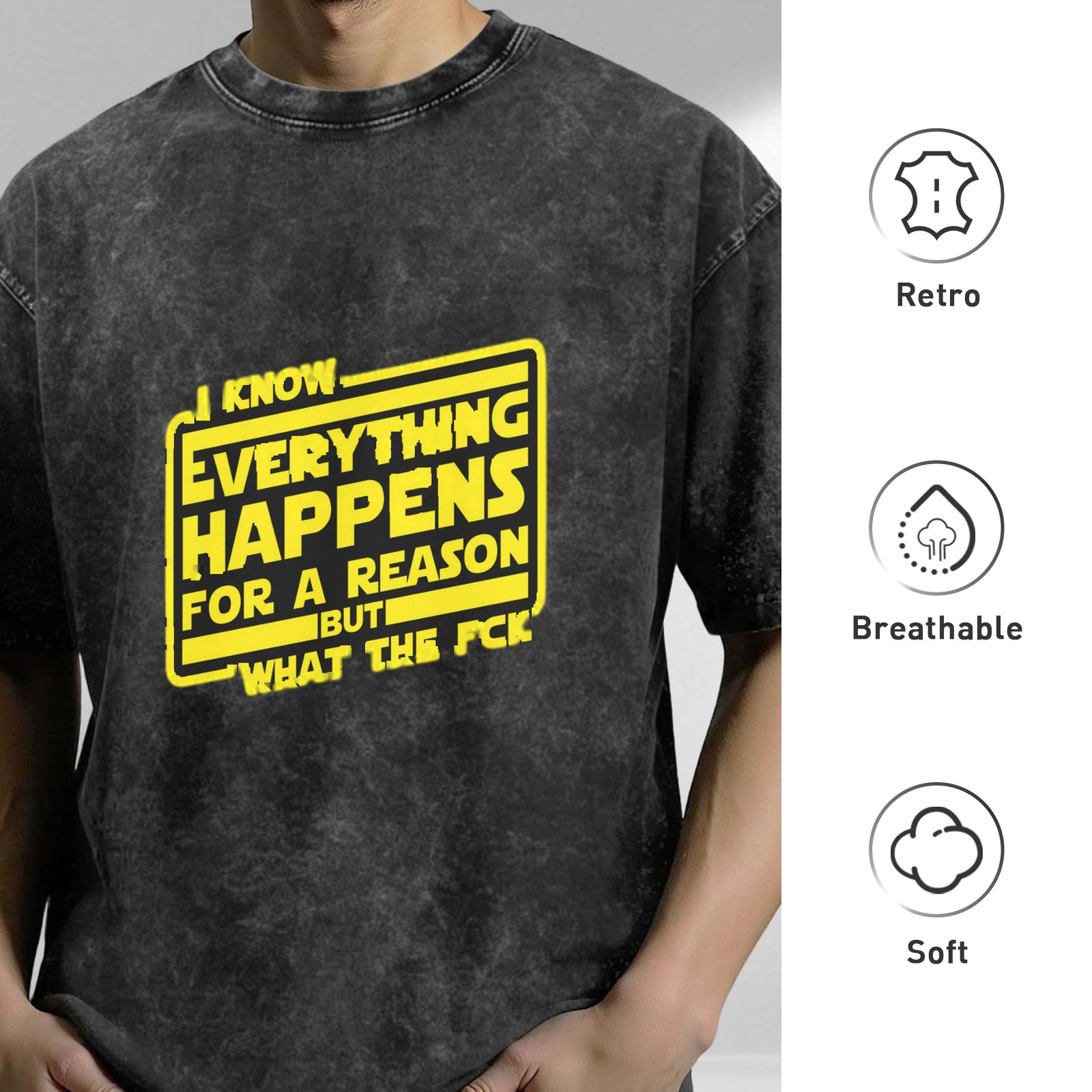 Washed black graphic t-shirt with 'I know everything happens for a reason but what the fck' text