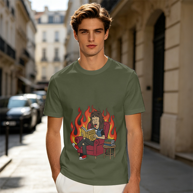 Olive graphic tee with a rocker reading a book surrounded by flames