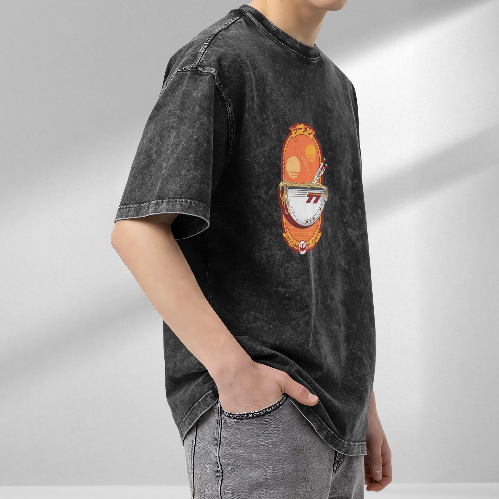 Oversized Dark Wash T-Shirt With Racer Ramen Graphic