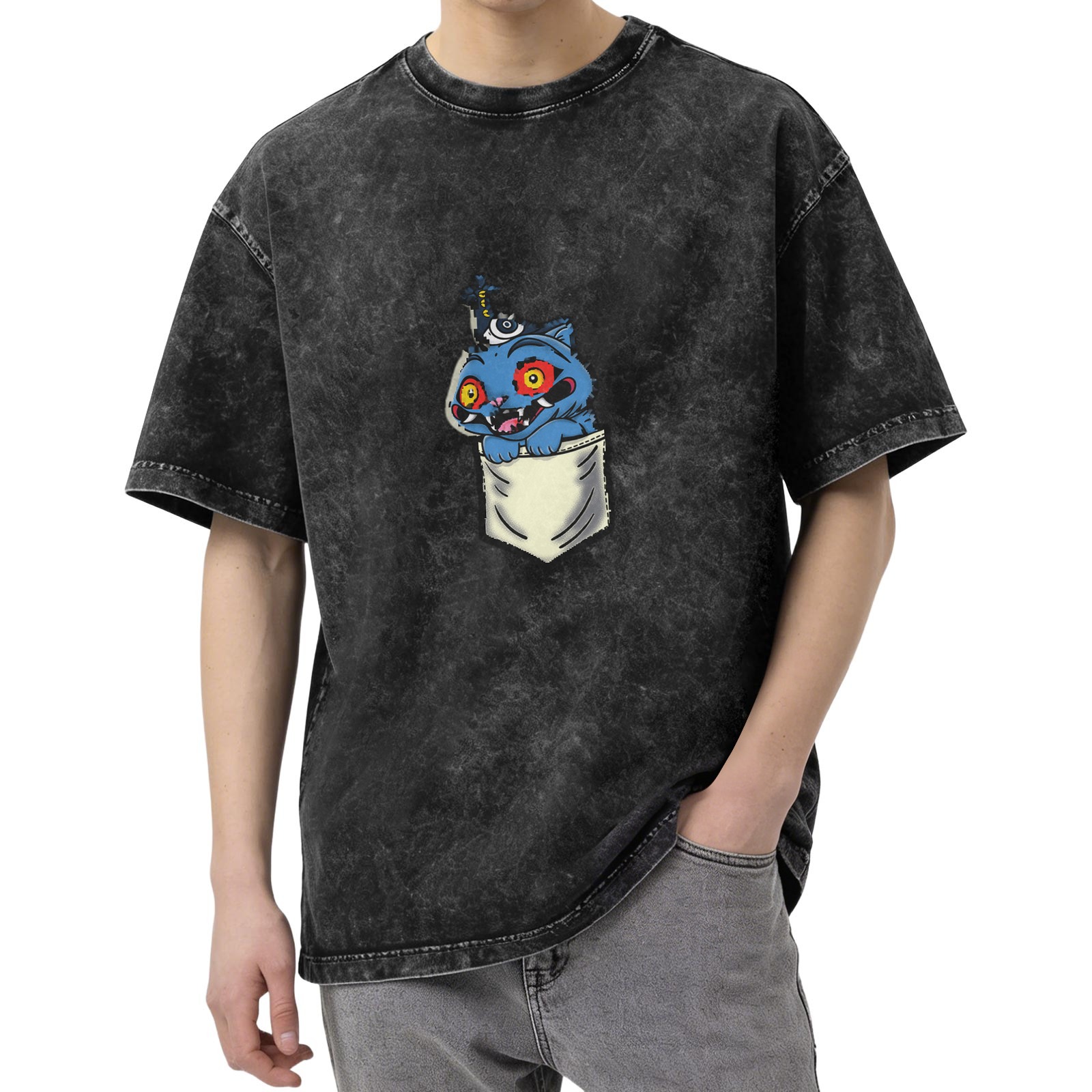 Oversized Acid Wash T-Shirt With Creepy Blue Cat Pocket Print