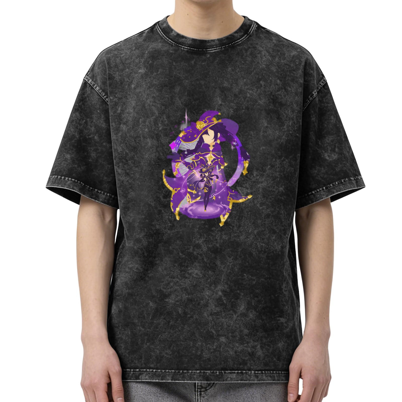 Washed Black Oversized T-Shirt with Fantasy Witch Character Print