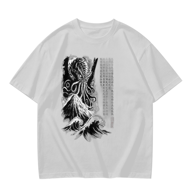 Olive T-shirt with Cthulhu and Wave Gothic Art Print