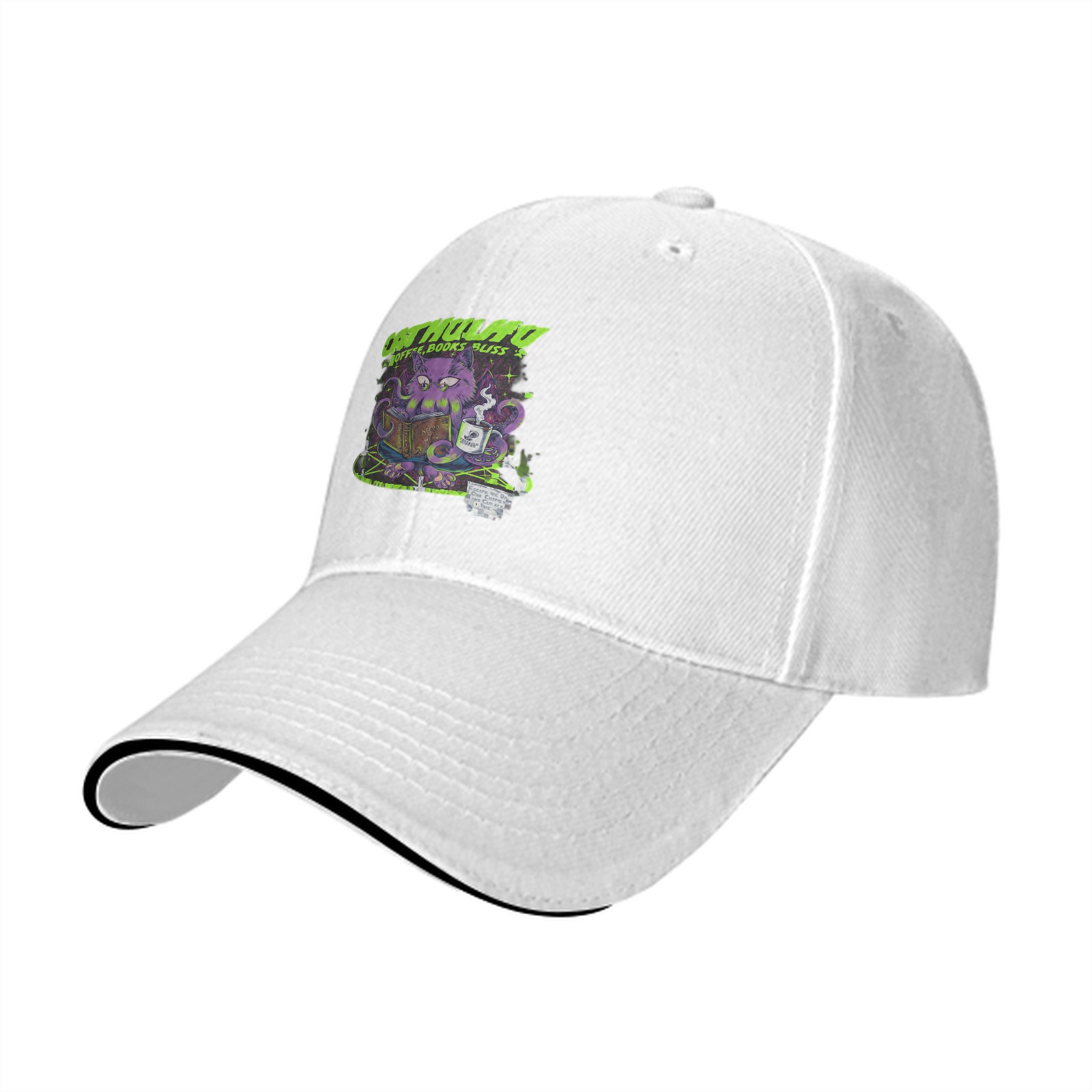 Black baseball cap with Cathulhu coffee and books graphic