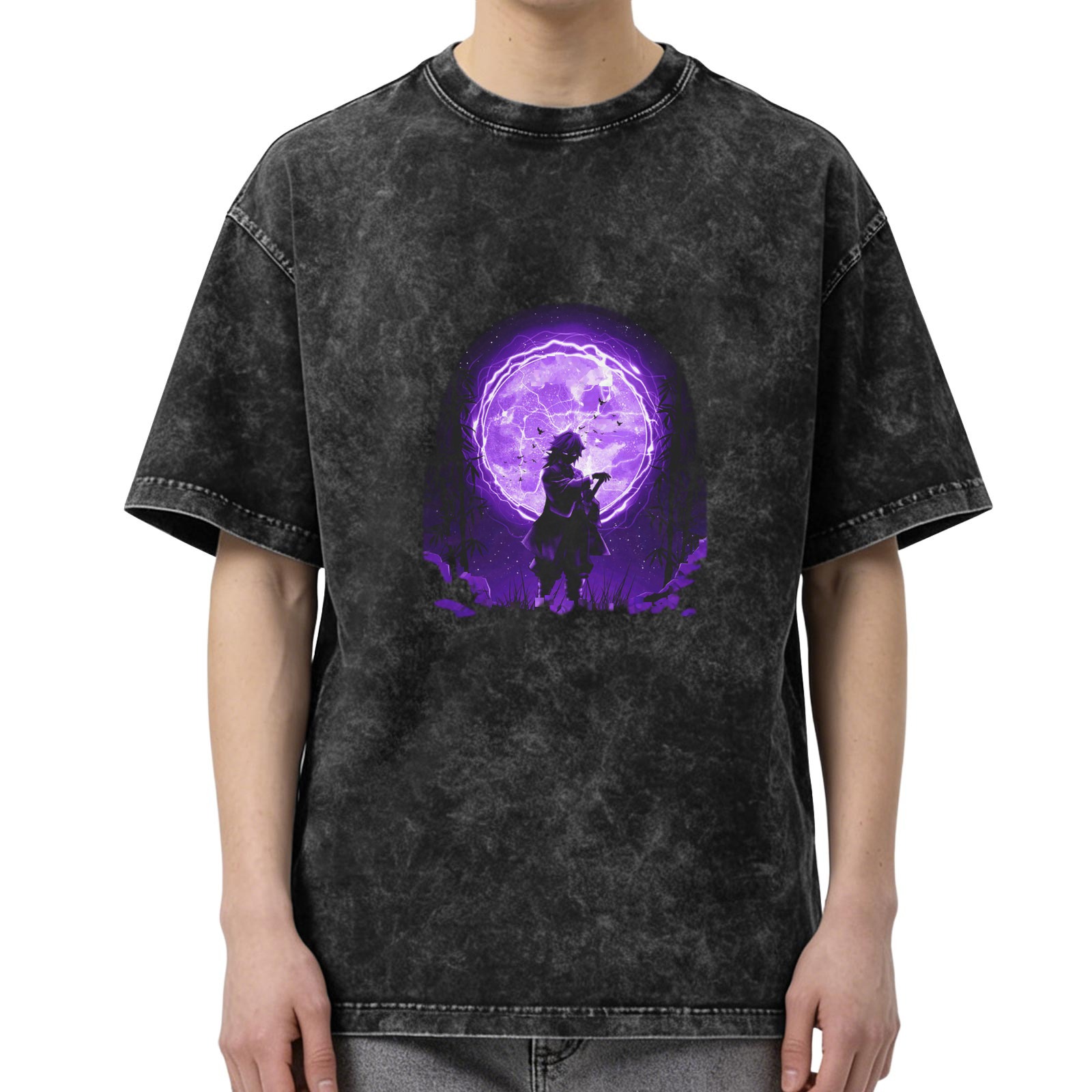 Oversized Acid Wash T-Shirt With Purple Anime Moon Silhouette Print