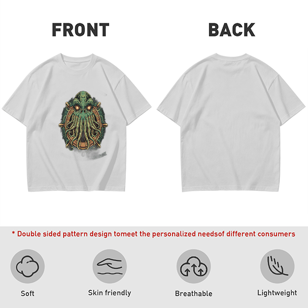 Olive Green T-Shirt With Cthulhu Ship Wheel Graphic