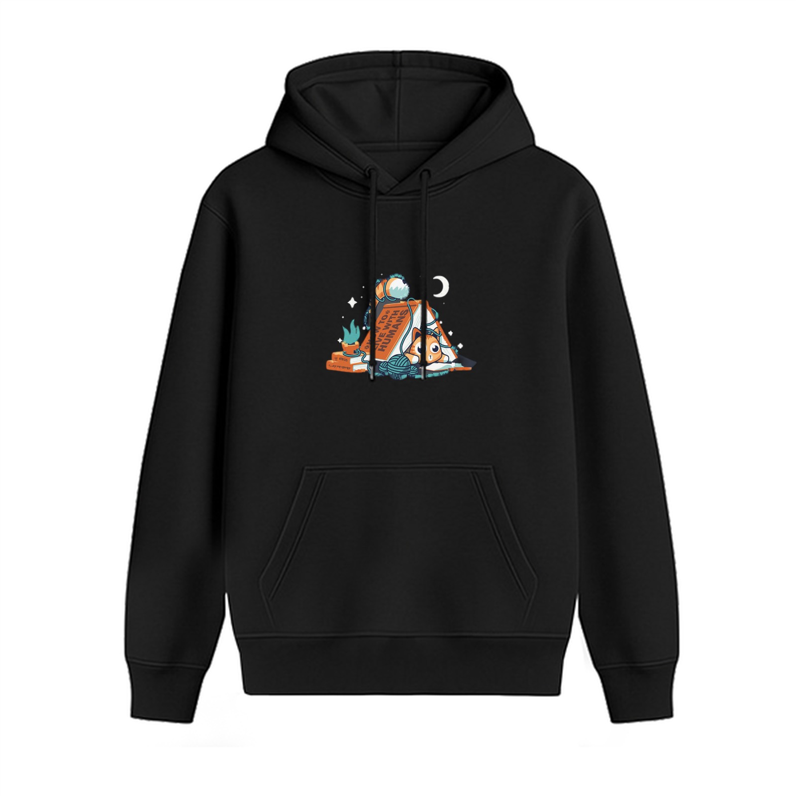 Black hoodie with cat and book night-themed graphic print
