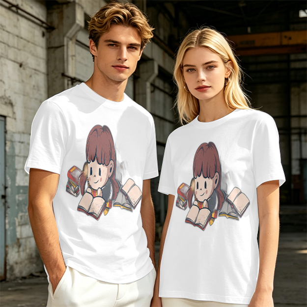 Olive T-shirt with Charming Girl Reading Books Graphic