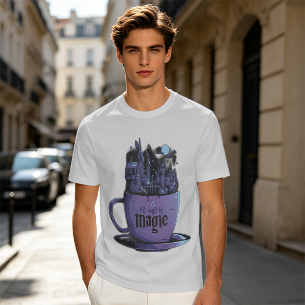Olive T-Shirt With Teacup Holding Magical Castle Artwork