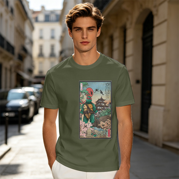 Olive T-Shirt with Ninja Turtle Ukiyo-e Style Art Print