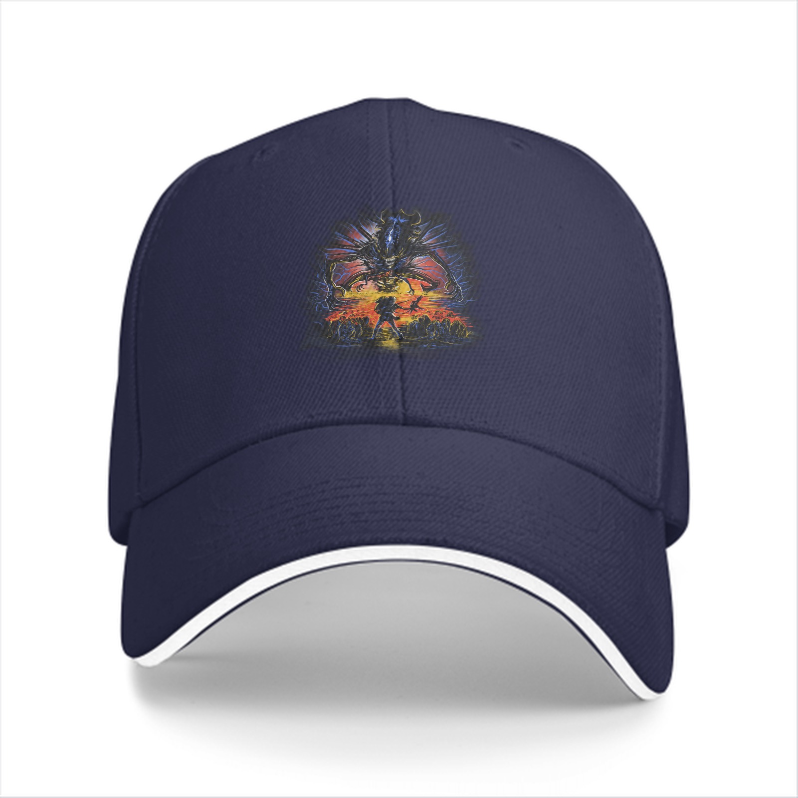 Black baseball cap with fantasy monster battle graphic print