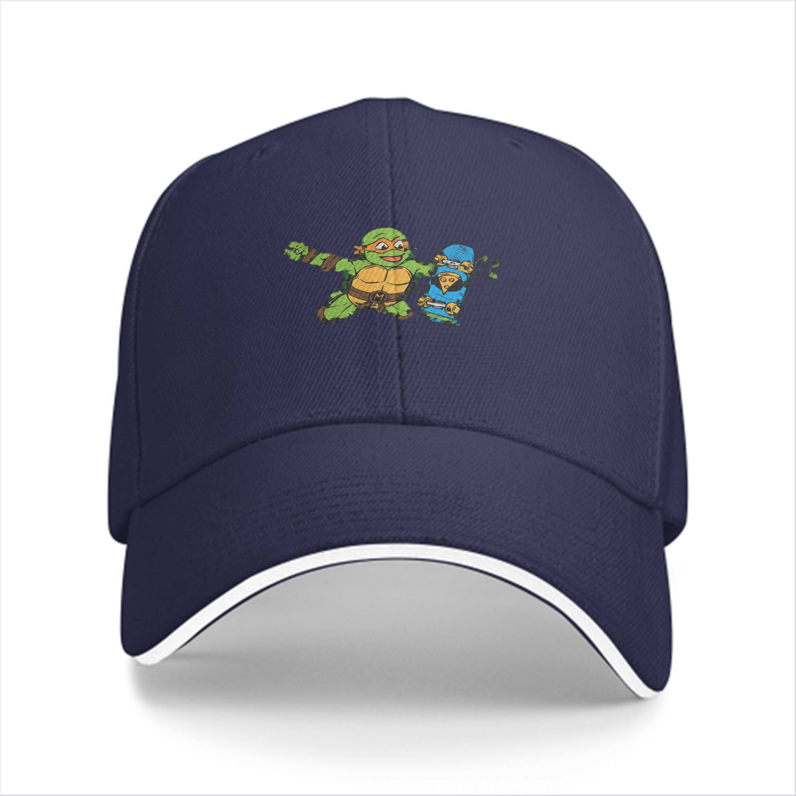 Black Baseball Cap with Cartoon Ninja Turtle Skateboard Graphic
