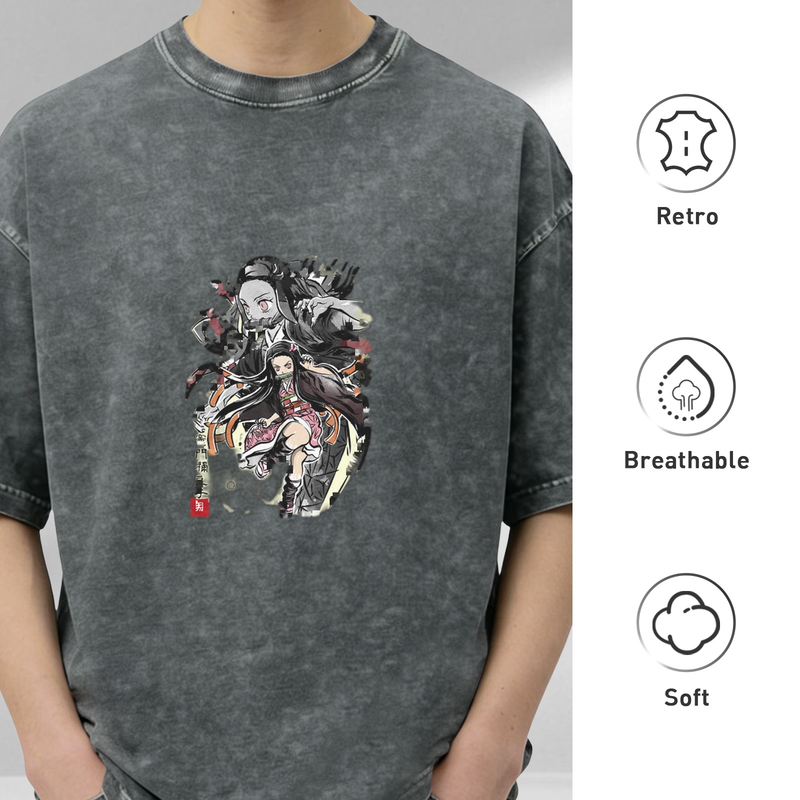 Demon Slayer: Kimetsu no Yaiba Nezuko themed old washed black loose short-sleeved T-shirt