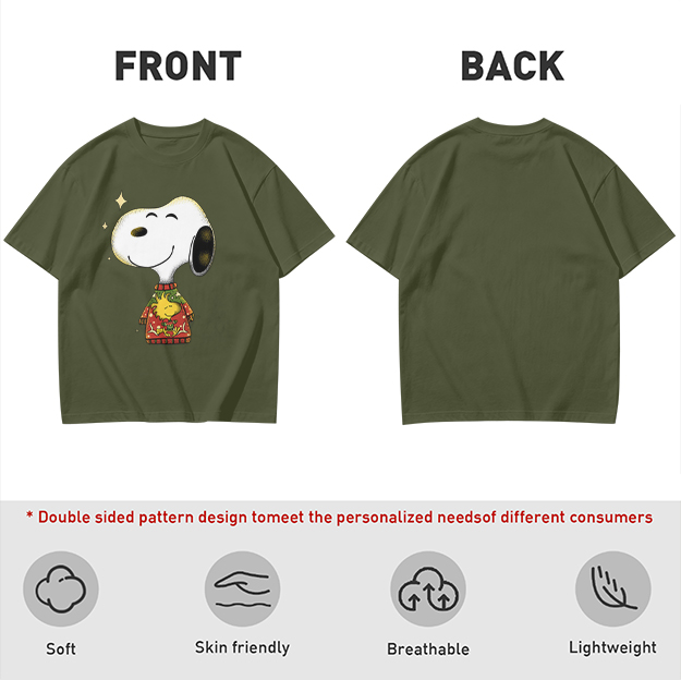 Olive T-shirt with Snoopy in Christmas Sweater Graphic