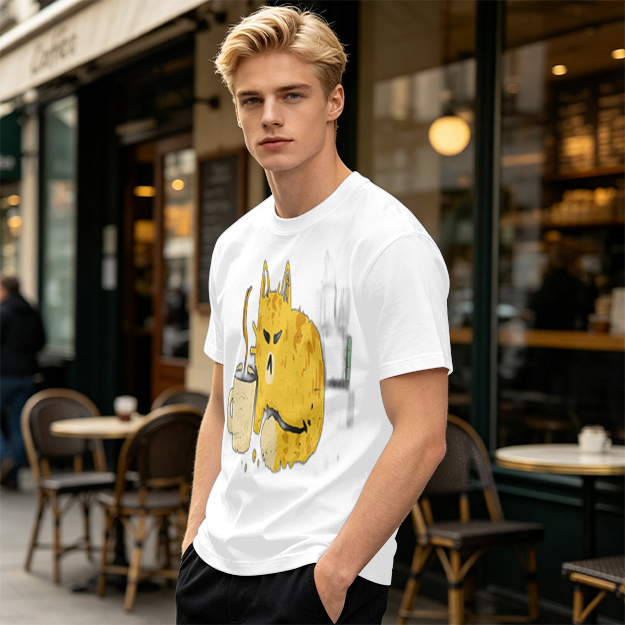 Olive T-Shirt With Grumpy Cat Holding Hot Coffee Print