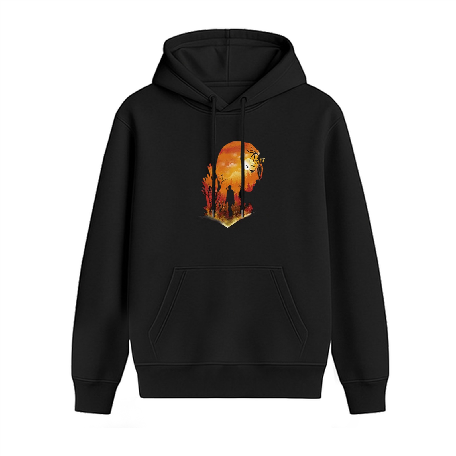 Black Hoodie With Sunset Silhouette Wilderness Graphic Print