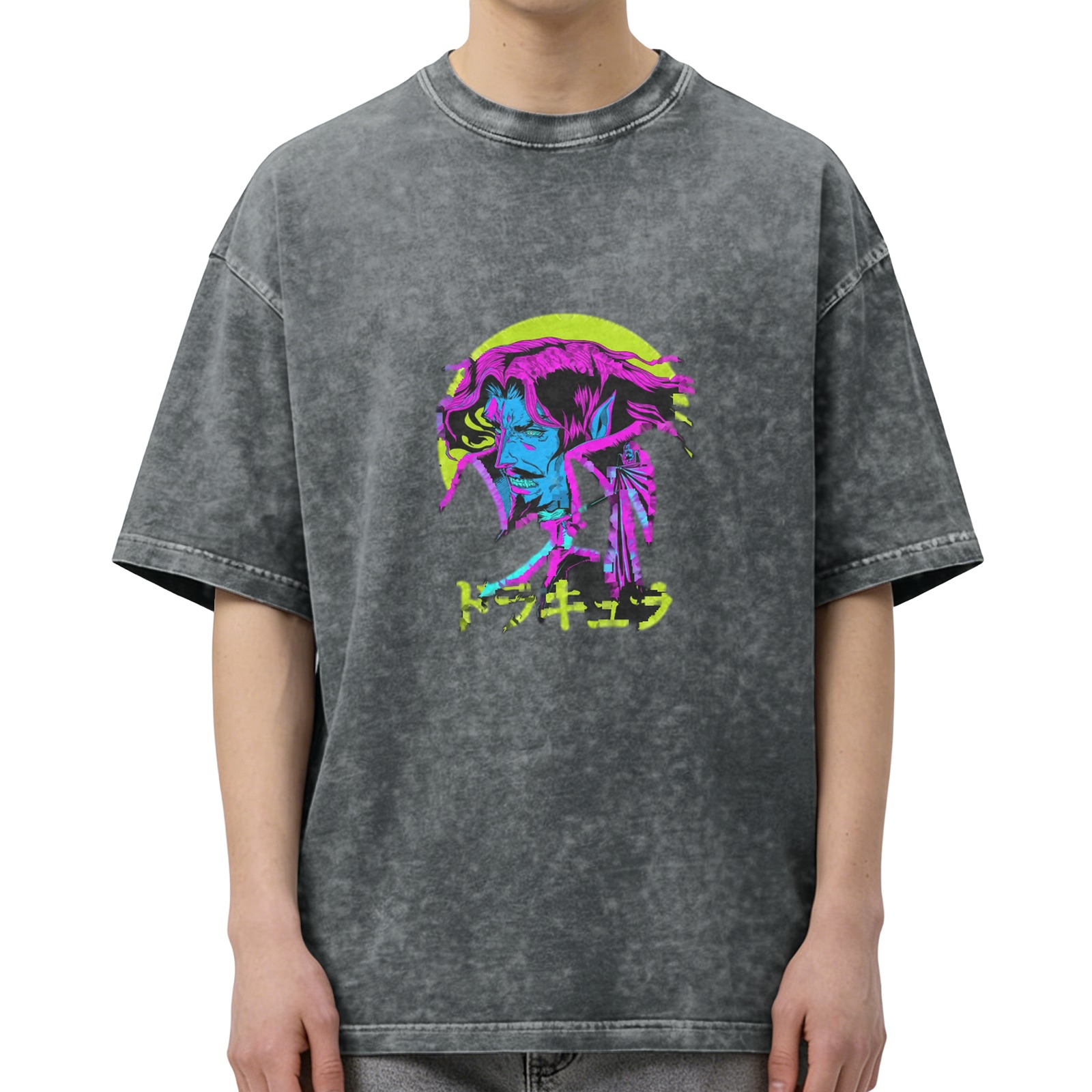 Distressed washed black loose short-sleeved T-shirt anime vampire Dracula neon style print Japanese Japanese design trendy brand top